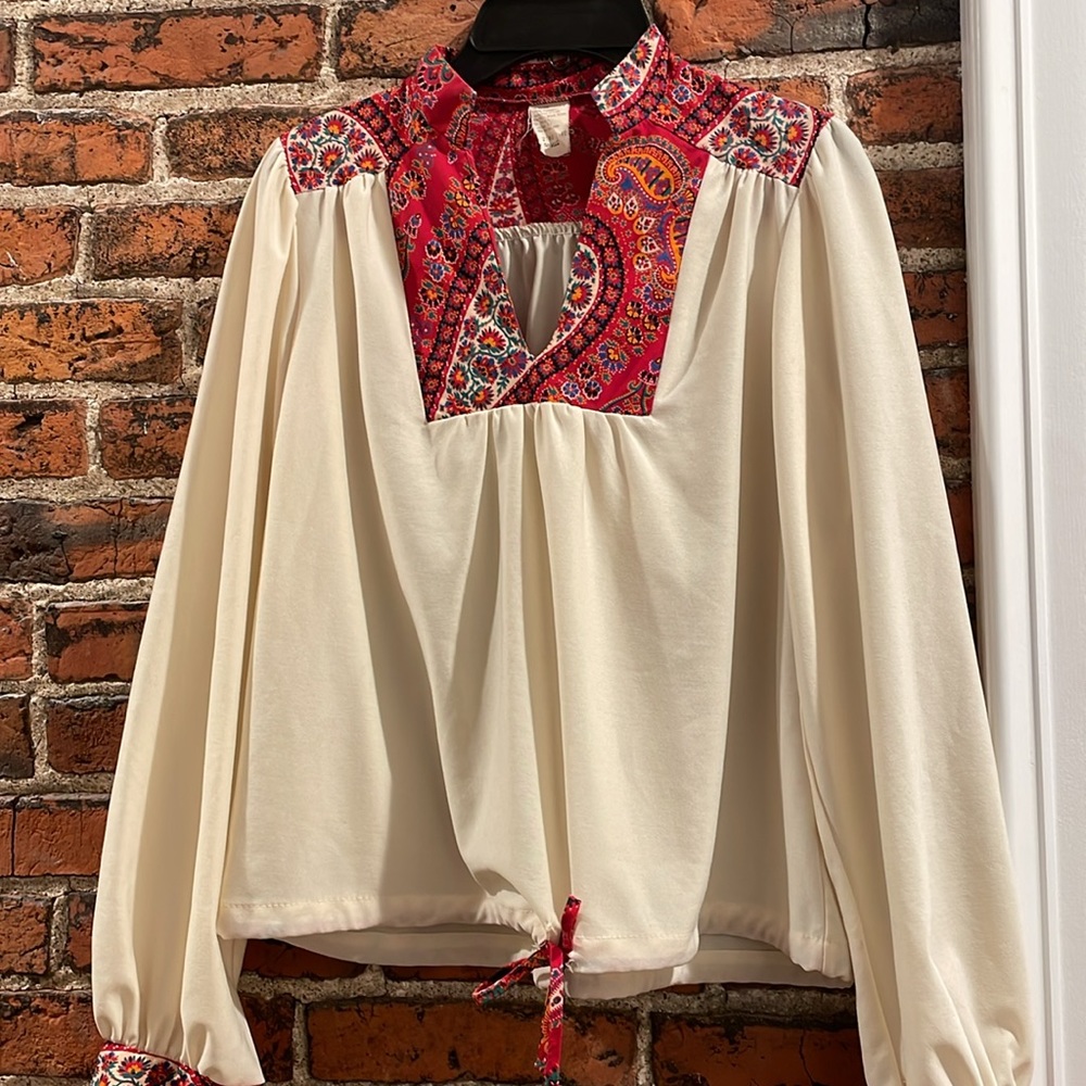 Vintage cinched peasant poly blouse small